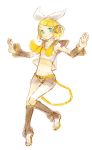  artist_request bare_shoulders belt blonde_hair detached_sleeves full_body hair_ornament hair_ribbon hairclip hands headset highres kagamine_rin leg_warmers navel ribbon sailor_collar short_hair shorts simple_background sketch smile solo vocaloid white 