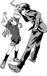  1boy 1girl ahoge arima_miyako arms_up bike_shorts blush bow buttons chinese_clothes clenched_hands commentary_request gakuran glasses hair_bow hand_in_pocket holding holding_removed_eyewear leaning long_sidelocks long_sleeves looking_at_viewer melty_blood melty_blood:_type_lumina messy_hair metarogu monochrome pout school_uniform shoes short_hair sidelocks smile sneakers socks souya_high_school_uniform tohno_shiki tsukihime tsukihime_(remake) two_side_up unworn_eyewear 