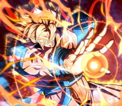  1boy amputee aura blonde_hair blue_sash blue_shirt commentary_request cowboy_shot coyote_koyoharu dougi dragon_ball dragon_ball_z green_eyes highres orange_pants orange_shirt pants powering_up sash shirt short_hair solo son_gohan son_gohan_(future) spiky_hair super_saiyan super_saiyan_1 