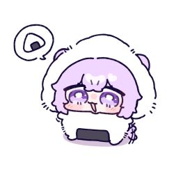  1girl :3 :d animal_ears blush bright_pupils cat_ears cat_girl cat_tail chibi chibi_only commentary_request double-parted_bangs food food_costume full_body hair_between_eyes highres hololive nekomata_okayu onigiri open_mouth purple_hair short_hair simple_background smile solo speech_bubble spoken_food standing tail violet_eyes virtual_youtuber white_background white_pupils yananang 