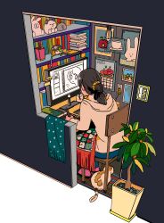  1girl absurdres animal asukan_(tm1330) black_hair blanket book bookshelf brown_hoodie calendar_(object) cat chair commentary_request desk_lamp drawing_(action) electrical_outlet from_behind full_body hair_ornament hair_scrunchie highres hood hood_down hoodie indoors lamp light_bulb long_hair monitor on_chair original pet photo_(object) pile_of_books plant ponytail poster_(object) potted_plant scrunchie sitting slice_of_life solo sticky_note stuffed_animal stuffed_toy yellow_scrunchie 