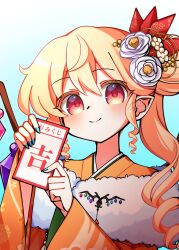  1girl alternate_costume alternate_hairstyle blonde_hair blue_background blue_nails closed_mouth commentary_request flandre_scarlet flandre_scarlet_(vampire_making_a_wish) flower furisode gradient_background hair_flower hair_ornament highres holding holding_omikuji illust_atelier3 japanese_clothes kanzashi kimono looking_at_viewer new_year omikuji orange_kimono pointy_ears red_eyes smile solo touhou touhou_lostword translation_request tsumami_kanzashi 