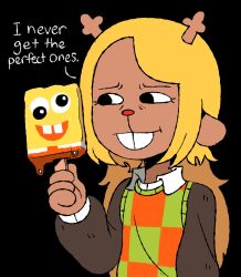  1girl :t animal_ears annoyed antlers blonde_hair brown_fur buck_teeth character-themed_food checkered_clothes checkered_sweater_vest checkered_vest collared_shirt deer_antlers deer_ears deer_girl deltarune food furry furry_female highres holding holding_food holding_ice_cream horns ice_cream iluvrabbitz long_hair noelle_holiday reindeer_girl shirt solo spongebob_squarepants teeth two-tone_sweater_vest unamused utdr_(toby_fox) vest white_shirt 