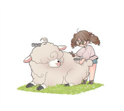  1girl ahoge animal blue_shorts character_request chibi closed_mouth commentary concentrating drill_hair full_body glasses grass green_eyes grey_shirt grey_shoes hair_ribbon holding holding_scissors korean_text long_sleeves mabinogi pink_ribbon reinforced ribbon round_eyewear scissors shearing sheep shirt shoes short_shorts shorts simple_background solo standing translation_request twin_drills twintails white_background 