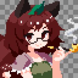  1girl animal_ears brown_eyes brown_hair commentary_request futatsuiwa_mamizou glasses highres japanese_clothes leaf leaf_on_head pince-nez pixel_art raccoon_ears raccoon_tail short_hair smile smoking_pipe solo tail takeez3 touhou 