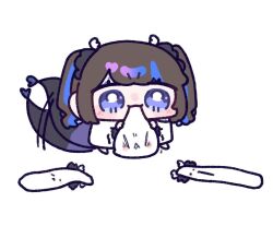  1girl airi_kanna biting blue_eyes blue_streaks blush_stickers bright_pupils brown_hair chibi chibi_only closed_mouth commentary_request full_body long_hair multicolored_hair scales_(airi_kanna) shirt simple_background stellive streaked_hair tail tail_wagging twintails virtual_youtuber white_background white_pupils white_shirt yananang 