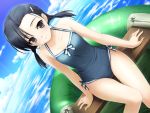  black_hair boat collarbone dutch_angle fisheye flat_chest game_cg hair_ornament hairclip haruka_na_sora hashimoto_takashi highres hips inflatable_boat kuranaga_kozue ocean one-piece_swimsuit sky sphere swimsuit swimsuit thigh_gap twintails wallpaper wet yosuga_no_sora yosuganosora 