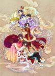  ahoge axis_powers_hetalia black_hair brown_eyes calligraphy_brush china china_(hetalia) chinese_clothes cloud dragon drum fan flower hair_flower hair_ornament hetalia_axis_powers highres hong_kong hong_kong_(hetalia) instrument japan japan_(hetalia) japanese_clothes kaga kagalin korea korea_(hetalia) korean_clothes long_hair oriental_umbrella paintbrush parasol ponytail taiwan taiwan_(hetalia) umbrella 