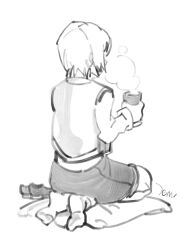  1boy 7enn absurdres commentary_request drink from_behind highres holding holding_drink hunter_x_hunter kurapika male_focus no_shoes shirt short_hair shorts simple_background socks solo white_background 