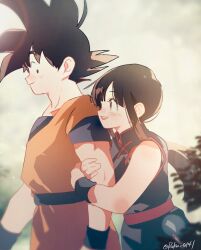  1boy 1girl black_hair blue_dress blue_shirt breasts chi-chi_(dragon_ball) china_dress chinese_clothes commentary couple cowboy_shot dougi dragon_ball dragon_ball_(classic) dress from_side hetero highres long_hair orange_pants orange_shirt pants roku_(roku_0141) shirt son_goku spiky_hair 