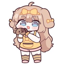  1girl :d ahoge animal animal_ears apron bell black_socks blue_eyes blush_stickers bow bow_hairband brown_hair butter_(trickcal) chibi chibi_only cho_yang commentary dog dog_ears dog_girl dog_tail double-parted_bangs ear_bow full_body hair_between_eyes hairband holding holding_animal kneehighs long_hair neck_bell open_mouth pink_shoes pink_shorts shirt shoes short_sleeves shorts sidelocks simple_background smile socks solo standing striped_clothes striped_socks tail thick_eyebrows trickcal white_background white_shirt yellow_apron yellow_bow yellow_hairband yellow_socks 