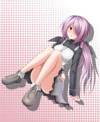  1girl asaba_kakeru black_ribbon black_shirt blush casual chaos;child collared_shirt commentary_request convenient_censoring dress dutch_angle embarrassed grey_shoes hair_over_one_eye knees_up long_hair long_sleeves looking_at_viewer minamisawa_senri multiple_hair_ribbons pinafore_dress pink_hair red_eyes ribbon science_adventure shirt shoes short_dress sitting sleeveless sleeveless_dress solo twintails very_long_hair white_dress 