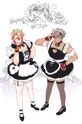  4boys ;) absurdres alternate_costume anger_vein apron axel_syrios back_bow bell black_dress black_ribbon black_shoes blonde_hair blue_eyes blush bow brown_hair choker cleavage_cutout clothing_cutout crimzon_ruze crossdressing crossdressing_(mtf) detached_sleeves dress english_text false_smile fang fingerless_gloves fishnet_thighhighs fishnets frilled_choker frilled_dress frills full_body garter_straps gloves grin hand_on_own_hip heart_apron heart_cutout highres hiimtae_sb holostars holostars_english jingle_bell jurard_t_rexford lightning_glare maid maid_apron maid_headdress male_focus male_maid mary_janes multicolored_hair multiple_boys multiple_scars neck_bell neck_ribbon one_eye_closed orange_gloves puffy_detached_sleeves puffy_sleeves red_gloves red_streaks regis_altare ribbon scar scar_on_arm scar_on_chest scar_on_shoulder shaded_face shoes short_sleeves smile streaked_hair thigh-highs two-tone_hair v violet_eyes virtual_youtuber vs waist_apron white_background white_bow white_thighhighs zettai_ryouiki 