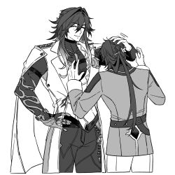  2boys ^_^ absurdres aged_down alternate_costume ashveil_(honkai:_star_rail) belt blade_(honkai:_star_rail) bracelet chinese_hairpin closed_eyes cutoffs erass1121 gloves gradient_hair greyscale hair_between_eyes hair_intakes hand_on_own_hip headpat height_difference highres honkai:_star_rail honkai_(series) jacket jewelry lapel_pin long_hair looking_at_another male_focus monochrome multicolored_hair multiple_boys necklace pants prosthesis prosthetic_arm simple_background single_glove smile strap tooth_necklace turtleneck vest waistcoat white_background yingxing_(honkai:_star_rail) 