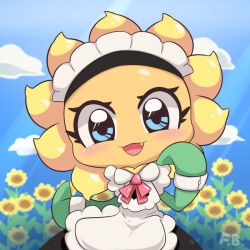  1girl :3 :d apron arm_at_side black_dress blue_eyes blue_sky blush bow bowtie buttons c_(flash_berries) chinese_commentary clouds collared_dress commentary_request cowboy_shot day dress enmaided fang field flower flower_field frilled_dress frills hand_on_own_cheek hand_on_own_face head_tilt looking_at_viewer maid maid_apron maid_headdress monster_girl no_eyebrows no_fingers outdoors personification petals plant_girl plants_vs._zombies red_bow red_bowtie short_sleeves sky smile solo standing straight-on sunflower sunflower_(plants_vs._zombies) sunlight tareme tongue very_big_eyes waist_apron white_apron wristband yellow_petals 