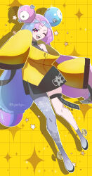  1girl ;d absurdres bow-shaped_hair character_hair_ornament commentary_request fujimitsu_chirashi grey_shoes hair_ornament highres iono_(pokemon) jacket knees long_hair long_sleeves multicolored_hair one_eye_closed open_mouth pokemon pokemon_scarlet_and_violet sharp_teeth shoes single_leg_pantyhose sleeves_past_fingers sleeves_past_wrists smile solo star_(symbol) teeth thigh_strap two-tone_hair upper_teeth_only yellow_jacket 