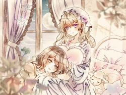  2girls absurdres alternate_costume arm_rest bed blonde_hair blush brown_eyes brown_hair candle collarbone commentary curtains dress frilled_dress frills hair_ribbon hat heart heart-shaped_pillow highres holding holding_pillow ibispaint_(medium) indoors lap_pillow long_hair looking_at_viewer maribel_hearn marimohu_starry medium_hair missing_headwear mob_cap moon multiple_girls night open_mouth pillow plant potted_plant purple_dress ribbon sitting sleepwear star-shaped_pillow star_ornament stuffed_animal stuffed_sheep stuffed_toy touhou usami_renko variant_set violet_eyes warm_colored white_hat window yellow_dress yellow_ribbon yuri 
