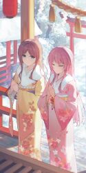  2girls absurdres bang_dream! bang_dream!_it's_mygo!!!!! blue_eyes box brown_hair chihaya_anon chinese_commentary closed_eyes closed_mouth commentary_request commission day donation_box floral_print floral_print_kimono fur_scarf gleam_lin_shi hatsumode highres japanese_clothes kimono long_hair long_sleeves looking_at_another multiple_girls nagasaki_soyo new_year obi outdoors own_hands_clasped own_hands_together pink_hair pink_kimono praying print_kimono sash second-party_source shrine sidelocks smile snow standing torii wide_sleeves winter yellow_kimono yellow_sash 