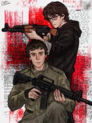  2boys adam_lanza ar-15 artist_name black-framed_eyewear black_eyes black_gloves black_jacket black_outline black_pants blood blood_splatter blue_eyes brown_hair censored censored_text closed_mouth commentary cowboy_shot curly_hair cyril_1214 english_commentary english_text film_grain finger_on_trigger fingerless_gloves fingernails glasses gloves green_jacket grey_background grey_pants grey_shirt gun hair_behind_ear hands_up highres holding holding_gun holding_weapon hood hood_down hooded_jacket jacket knee_up light_smile lips long_sleeves looking_at_viewer male_focus multiple_boys nostrils note outline pants photo-referenced photo_inset pocket puffy_long_sleeves puffy_sleeves real_life rectangular_eyewear rifle robert_hawkins shirt short_bangs short_hair simple_background sitting standing true_crime turtleneck turtleneck_jacket two-handed very_short_hair weapon zipper 