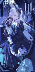  1girl absurdres animal_ears arknights bang_dream! bang_dream!_it's_mygo!!!!! black_bonnet black_dress black_gloves bonnet broken_mirror candle candlestand chinese_commentary closed_mouth commentary_request dark_room dress floppy_ears gloves gothic_lolita green_hair hair_ornament hand_on_own_cheek hand_on_own_face head_rest highres indoors lolita_fashion long_hair long_sleeves looking_at_mirror looking_at_viewer mirror oy_youyou_yo rabbit_ears rabbit_girl reflection reflection_focus sidelocks sitting solo stuffed_animal stuffed_rabbit stuffed_toy wakaba_mutsumi wakaba_mutsumi_(marionette's_id) window x_hair_ornament yellow_eyes 
