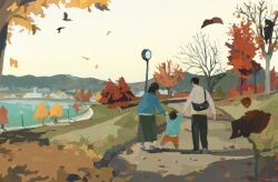  1girl 2boys autumn autumn_leaves bag bare_tree bird black_hair black_pants blue_shirt child commentary_request dated facing_away falling_leaves family father_and_child grey_sky haragayowainja highres holding_hands lake lamppost leaf long_skirt medium_hair mother_and_child mountainous_horizon multiple_boys original outdoors pants parent_and_child path scenery shirt short_hair skirt sky town tree white_shirt 