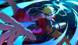  1boy absurdres blonde_hair bupa_chila chinese_commentary commentary_request facial_mark forehead_protector highres jacket long_sleeves looking_at_viewer male_focus naruto_(series) naruto_shippuuden open_mouth orange_pants orange_shirt outstretched_arms pants rasengan red_jacket shirt short_hair solo spiky_hair spread_arms teeth uzumaki_naruto whisker_markings yellow_eyes 