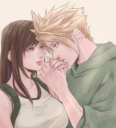  1boy 1girl alternate_costume bare_shoulders black_hair blonde_hair blue_eyes breasts brown_hair casual cloud_strife collarbone commentary_request couple earrings face-to-face final_fantasy final_fantasy_vii final_fantasy_vii_remake goodsign green_hoodie hetero highres holding_hands hood hood_down hoodie jewelry kiss kissing_hand large_breasts long_hair looking_at_another parted_lips pink_lips profile short_hair simple_background sleeves_rolled_up spiky_hair stud_earrings suspenders tank_top tifa_lockhart upper_body white_tank_top 