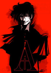  1boy alucard_(hellsing) ascot capelet commentary_request fang hellsing highres limited_palette male_focus partially_shaded_face red_theme signature smile solo toshimichi_yukari watermark 