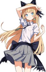  1girl animal_ear_hairband animal_ears aruota black_bow black_necktie blonde_hair bow commentary_request covering_forehead earrings fake_animal_ears flower_earrings hairband highres jewelry necktie original pleated_skirt puffy_short_sleeves puffy_sleeves shirt short_sleeves skinny skirt white_background white_shirt 