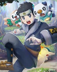  1boy :o absurdres artist_name black_hair blue_eyes closed_eyes commentary_request cyndaquil fangs frown fur-trimmed_jacket fur_trim grass grey_headband headband highres holding holding_poke_ball jacket jjfsantos male_focus multicolored_fur open_mouth oshawott outdoors poke_ball pokemon pokemon_(creature) pokemon_legends:_arceus rowlet shell short_hair teeth tree upper_teeth_only very_short_hair 