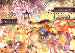  6+girls absurdres aerial_fireworks alternate_costume arm_up black_hairband black_hat blonde_hair blue_skirt bow brown_bow brown_kimono bucket closed_eyes commentary_request cup disembodied_linked_eye emloste eyeball faceless faceless_female fireworks floral_print floral_print_kimono green_hair hair_bobbles hair_bow hair_ornament hairband hat hat_bow heart heart_hair_ornament highres holding holding_cup holding_hands hoshiguma_yuugi in_bucket in_container japanese_clothes kimono kisume komeiji_koishi komeiji_satori kurodani_yamame lantern mizuhashi_parsee multiple_girls obi obijime oil-paper_umbrella open_mouth paper_lantern pink_eyes pink_hair pink_kimono pointing print_kimono red_sash sakazuki sash shirt siblings sisters skirt smile summer_festival touhou umbrella white_kimono white_shirt wide_sleeves wooden_bucket yellow_bow yukata 