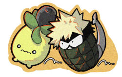 bakugou_katsuki blonde_hair boku_no_hero_academia bright_pupils closed_mouth commentary_request explosive full_body grenade no_humans objectification pokemon pokemon_(creature) smoliv vodka_(kahlua_and_gin) white_pupils 