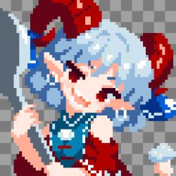  1girl blue_dress commentary_request detached_sleeves dress earrings highres holding horn_ornament horn_ribbon horns jewelry meandros open_mouth pixel_art pointy_ears red_eyes red_horns red_sleeves ribbon sharp_teeth sheep_horns short_hair smile solo takeez3 teeth touhou toutetsu_yuuma 