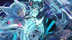  1boy animal_ears black_shorts blue_shorts commission floating_hair fox_boy fox_ears gloves glowing green_eyes grin highres hood hooded_jacket indie_virtual_youtuber jacket long_hair long_sleeves looking_at_viewer mechanical_legs mishima_nina shoes shorts skeb_commission smile solo teeth two-sided_gloves very_long_hair virtual_youtuber white_gloves white_hair white_jacket white_shoes 