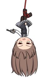  1girl adapted_turret arashio_(kancolle) arashio_kai_ni_(kancolle) black_dress black_pantyhose brown_eyes brown_hair chibi collared_shirt commentary_request dress dress_shirt hanging highres kantai_collection konato_k long_hair pantyhose pinafore_dress rope shirt simple_background sleeveless sleeveless_dress solo upside-down white_background white_shirt 