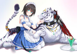  1girl animal aoi_erika aoi_erika_(deliverer_of_miracle) apron bare_shoulders black_hair blue_dress breasts byakko_(heaven_burns_red) chin_rub closed_mouth commentary_request dress frilled_apron frills full_body green_eyes hand_on_another's_chin heaven_burns_red highres jjaga236 large_breasts looking_at_viewer maid maid_apron maid_headdress medium_hair official_alternate_costume petting pleated_dress seiza simple_background sitting sleeveless sleeveless_dress smile tail_raised thigh-highs tiger waist_apron white_apron white_background white_thighhighs white_tiger white_wrist_cuffs wrist_cuffs 