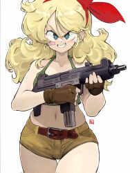  1girl andrewcockroach bandaid bandaid_on_cheek bandaid_on_face bare_shoulders belt blonde_hair blue_eyes breasts brown_belt brown_gloves brown_shorts commentary cowboy_shot crop_top curly_hair dragon_ball fingerless_gloves gloves green_tank_top grin gun hairband highres holding holding_gun holding_weapon long_hair looking_at_viewer lunch_(dragon_ball) midriff navel red_hairband ribbon short_shorts shorts simple_background smile solo submachine_gun tank_top thick_thighs thigh_gap thighs uzi v-shaped_eyebrows weapon white_background yellow_shorts 