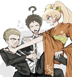  1girl 2boys ? absurdres black_jacket black_necktie black_pants blonde_hair blush_stickers brown_hair chuan_(oc7uyge8hu6865) commentary_request danganronpa_(series) danganronpa_2:_goodbye_despair fang highres hinata_hajime jacket japanese_clothes kicking kimono kuzuryu_fuyuhiko multiple_boys necktie orange_kimono pants saionji_hiyoko sandals short_hair twintails wide_sleeves 