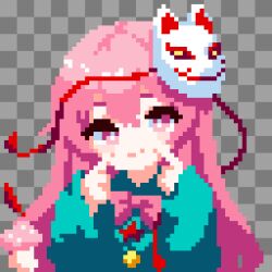  1girl blush bow bowtie commentary_request fox_mask hat hata_no_kokoro highres long_hair long_sleeves looking_at_viewer mask mask_on_head pink_eyes pink_hair pixel_art plaid_clothes plaid_shirt shirt skirt solo takeez3 touhou 