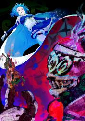  1girl 1other absurdres blue_hair blue_skirt bow_(music) cape closed_eyes commentary_request detached_sleeves gloves highres instrument magical_girl mahou_shoujo_madoka_magica mahou_shoujo_madoka_magica_(anime) miki_sayaka miki_sayaka_(magical_girl) oktavia_von_seckendorff open_mouth short_hair skirt thigh-highs thighhigh_belt violin white_cape white_gloves white_thighhighs witch_(madoka_magica) ydpfa 