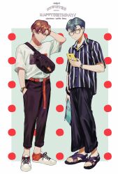 2boys bag black_bag black_pants blue_background blue_hair blue_shirt bow bowtie brown_eyes brown_hair cellphone collarbone collared_shirt commentary_request dated dotted_background english_text fanny_pack freckles full_body glasses hair_between_eyes hand_in_pocket hand_on_own_head happy_birthday highres holding holding_bag holding_phone looking_at_viewer male_focus mege_(megechan) multicolored_shoes multiple_boys original pants phone red_bow red_bowtie red_shoes sandals shirt shoes short_hair short_sleeves simple_background smartphone standing striped_clothes striped_shirt t-shirt toes two-tone_shoes vertical-striped_clothes vertical-striped_shirt watch watch white_background white_shirt white_shoes yellow_shirt 