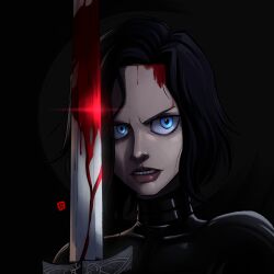  1girl 2025 absurdres black_background black_hair black_suit blood blood_on_face blood_on_weapon blue_eyes goth_fashion highres holding holding_sword holding_weapon lips mature_female medium_hair portrait selene_(underworld) serious skelestiloso suit sword underworld_(movie) weapon 