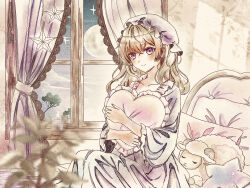  1girl absurdres bed blonde_hair blush candle commentary curtains dress frilled_dress frills hat heart heart-shaped_pillow highres holding holding_pillow ibispaint_(medium) indoors long_hair looking_at_viewer maribel_hearn marimohu_starry mob_cap moon night pillow plant potted_plant purple_dress sitting sleepwear solo star-shaped_pillow star_ornament stuffed_animal stuffed_sheep stuffed_toy touhou variant_set violet_eyes white_hat window 