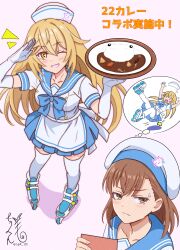  >_< 2girls ;) apron asymmetrical_bangs averting_eyes blonde_hair breasts brown_eyes brown_hair commentary_request curry curry_rice dress elbow_gloves food gloves hair_between_eyes hat highres holding holding_menu holding_tray imagining inline_skates large_breasts long_hair looking_at_viewer medium_hair menu misaka_mikoto multiple_girls official_alternate_costume one_eye_closed rice roller_skates sailor_collar sailor_dress sailor_hat salute shokuhou_misaki signature simple_background skates slipping smile sparkling_eyes speech_bubble sweatdrop takuya51 thigh-highs thought_bubble toaru_kagaku_no_railgun toaru_majutsu_no_index tray waist_apron waitress white_gloves white_hat white_sailor_collar white_thighhighs yellow_eyes 
