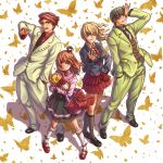  blonde_hair blue_eyes butterfly crown dress gig99 glasses hand_in_pocket hand_on_hip hand_on_own_face highres jacket necktie orange_hair pointing ponytail red_hair sakutarou short_hair umineko_no_naku_koro_ni ushiromiya_battler ushiromiya_george ushiromiya_jessica ushiromiya_maria wind wink 