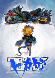  1girl absurdres akira_(manga) animal_hands black_shirt blonde_hair character_name claws commentary facing_away highres kaamin_(mariarose753) motor_vehicle motorcycle original parody poster_parody reptile_girl shirt short_shorts shorts solo tail title tokage_(kaamin) walking 