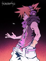  1boy coin coin_flip commentary copyright_name gamubear gradient_background headphones highres hood hood_down jacket male_focus pants purple_jacket sakuraba_neku short_hair sleeveless solo spiky_hair subarashiki_kono_sekai white_pants 