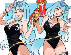  1girl animal_ears black_one-piece_swimsuit blue_background border commission gold_ship_(run_revolt_launcher)_(umamusume) gold_ship_(umamusume) holding holding_water_gun horse_ears horse_girl multiple_views one-piece_swimsuit pink_eyes swimsuit tongue tongue_out umamusume v water_gun white_border 