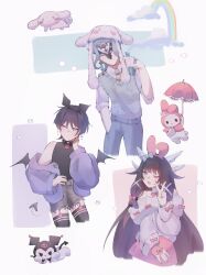  1girl 2boys animal_ear_hairband animal_ears arm_at_side beanie black_choker black_hairband black_mask black_nails black_shirt black_tail black_thighhighs black_wings blue_hair blunt_bangs blunt_ends blunt_tresses bow cable_knit choker choppy_bangs cinnamoroll closed_mouth clouds collared_shirt columbina_(genshin_impact) creature cross cross_earrings crossover demon_boy demon_tail demon_wings denim denim_shorts detached_collar dottore_(genshin_impact) earflap_beanie earrings eye_mask fake_animal_ears garter_belt genshin_impact gloves grey_pants grey_shorts grey_sweater_vest hair_bow hair_ornament hair_ribbon hairband half_gloves hand_in_pocket hand_on_own_neck hand_on_own_stomach hand_up hat heart highres holding holding_test_tube jacket jewelry kuromi layered_shirt layered_sleeves long_hair long_sleeves looking_at_viewer mask multiple_boys multiple_wings my_melody my_melody_(series) nahidadoodler necktie off_shoulder one_eye_closed onegai_my_melody pants pink_bow pink_sleeves pink_umbrella purple_jacket purple_sleeves rabbit_ears rainbow ribbon sanrio scaramouche_(genshin_impact) shirt shorts skull smile spaghetti_strap spiked_choker spikes star_(symbol) sweater_vest tail teeth test_tube thigh-highs tress_ribbon tsurime umbrella undershirt upper_teeth_only v violet_eyes white_background white_gloves white_hat white_ribbon white_shirt white_wings wing_collar wing_hair_ornament wings yellow_necktie 