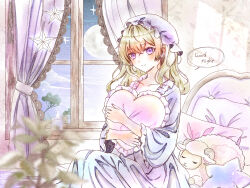 1girl absurdres bed blonde_hair blush candle commentary curtains dress english_text frilled_dress frills hat heart heart-shaped_pillow highres holding holding_pillow ibispaint_(medium) indoors long_hair looking_at_viewer maribel_hearn marimohu_starry mob_cap moon night pillow plant potted_plant purple_dress sitting sleepwear solo star-shaped_pillow star_ornament stuffed_animal stuffed_sheep stuffed_toy touhou variant_set violet_eyes white_hat window 